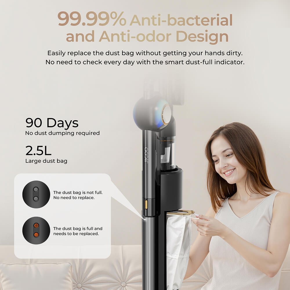 Bezdrátový vysavač JIGOO V700 se sací stanicí 2,5 l, automatické vyprazdňování prachu, sací výkon 33 kPa, kartáč proti zamotání, dvojité LED osvětlení, doba provozu až 55 minut, ideální na tvrdé podlahy, koberce a domácí mazlíčky