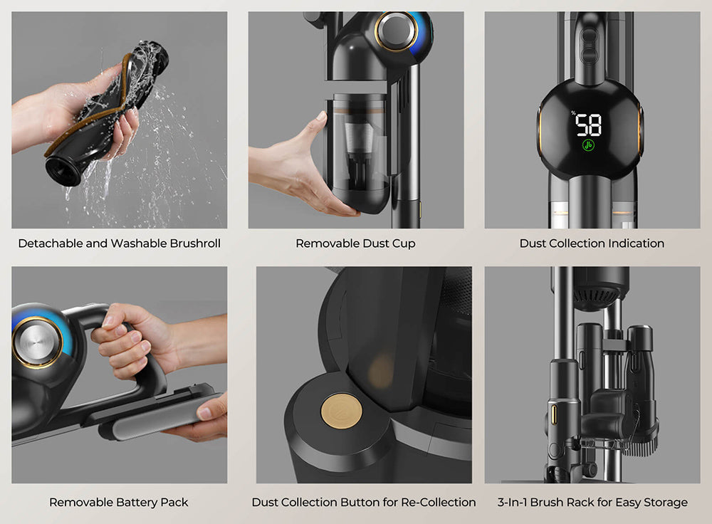 Bezdrátový vysavač JIGOO V700 se sací stanicí 2,5 l, automatické vyprazdňování prachu, sací výkon 33 kPa, kartáč proti zamotání, dvojité LED osvětlení, doba provozu až 55 minut, ideální na tvrdé podlahy, koberce a domácí mazlíčky