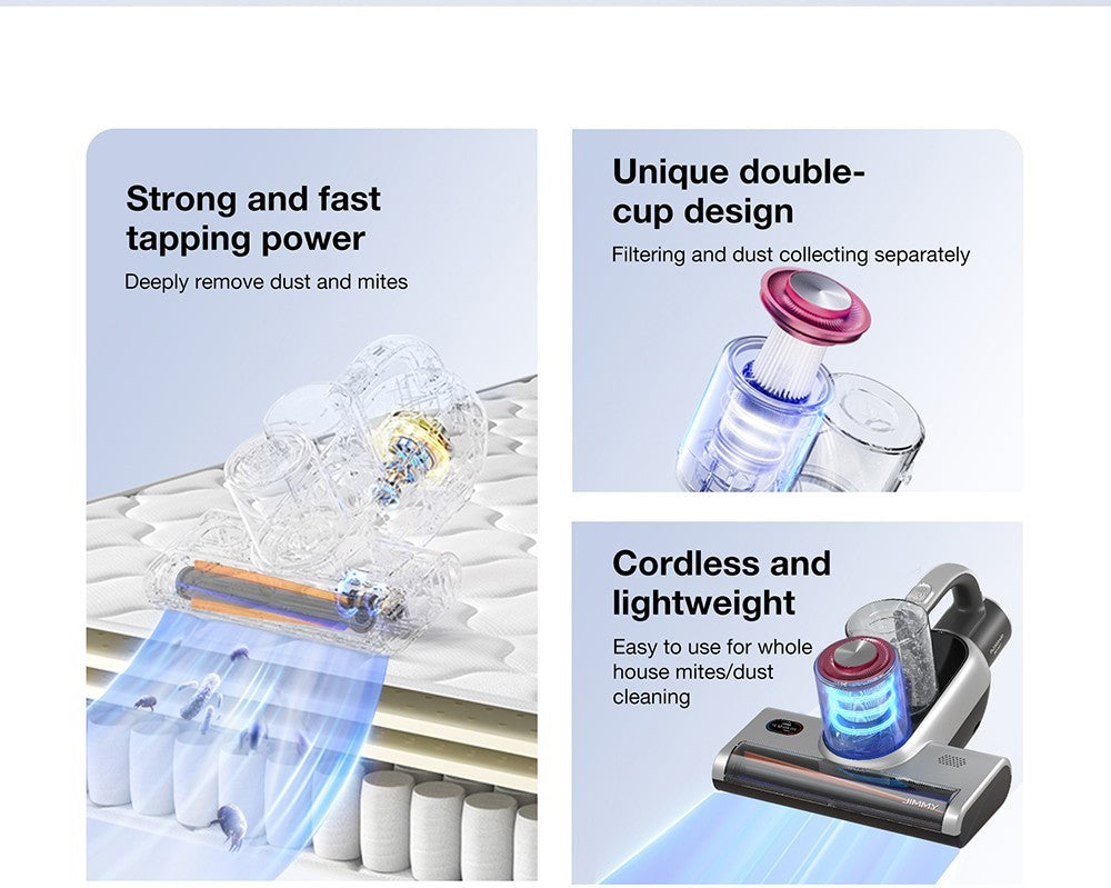 Bezdrátový dvounádobový vysavač proti roztočům JIMMY BD7 Pro, sací otvor 245 mm, nádoba na prach o objemu 0,5 l, chytrý senzor prachu, funkce UV sterilizace, ultrazvuk, LED displej, doba provozu 30 minut