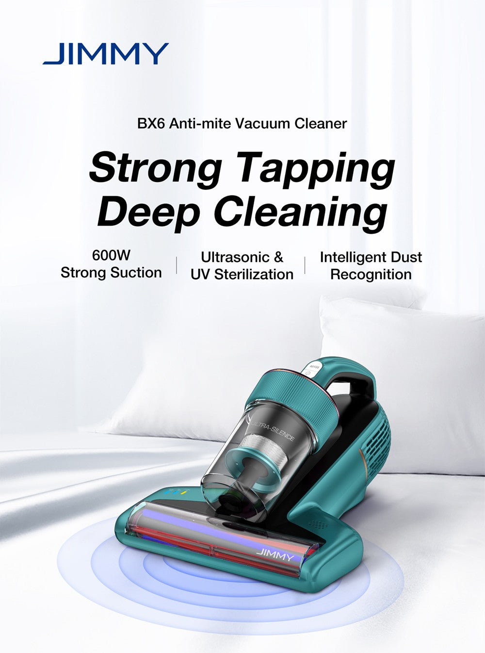 Ruční vysavač proti roztočům Jimmy BX6 600 W, rozšířený sací otvor 240 mm, UV lampa a ultrazvuková technologie - modrý