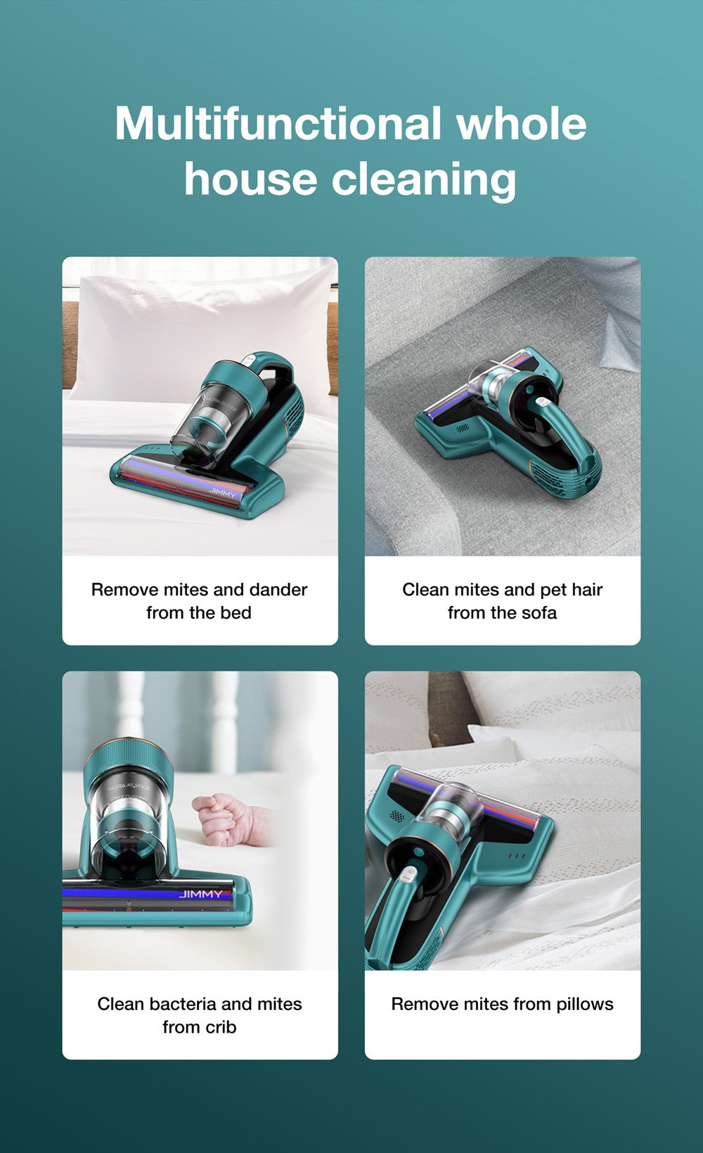 Ruční vysavač proti roztočům Jimmy BX6 600 W, rozšířený sací otvor 240 mm, UV lampa a ultrazvuková technologie - modrý