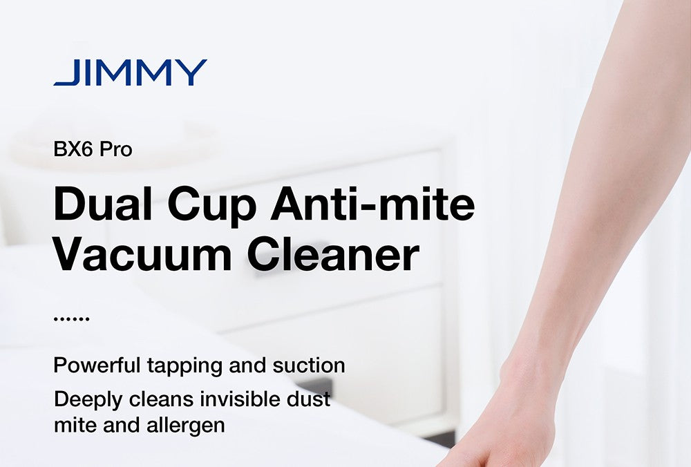 Vysavač JIMMY BX6 Pro s dvojitým kelímkem proti roztočům, sací otvor 245 mm, nádoba na prach o objemu 0,5 l, chytrý senzor prachu, funkce UV sterilizace, ultrazvuk, LED displej