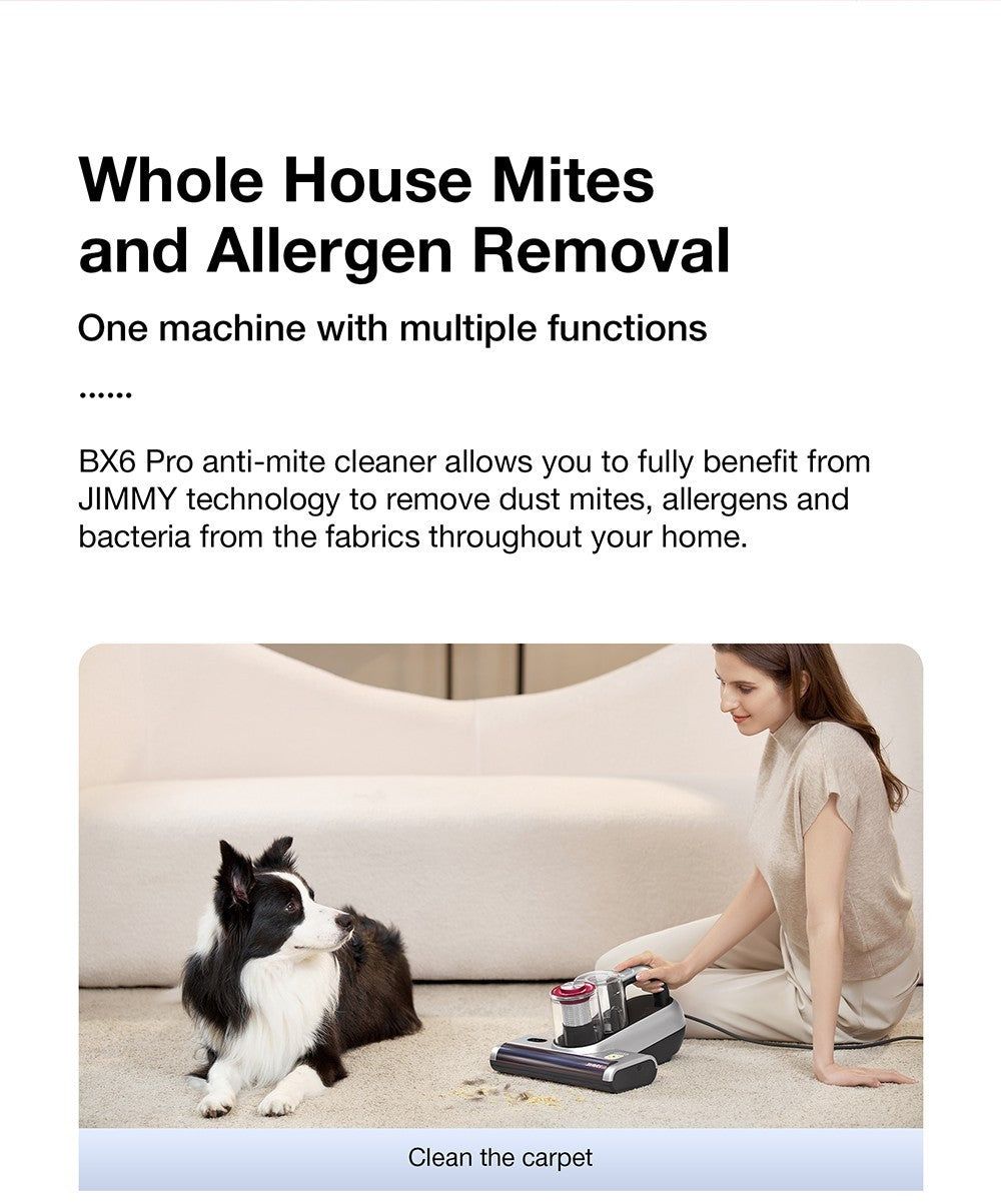 Vysavač JIMMY BX6 Pro s dvojitým kelímkem proti roztočům, sací otvor 245 mm, nádoba na prach o objemu 0,5 l, chytrý senzor prachu, funkce UV sterilizace, ultrazvuk, LED displej