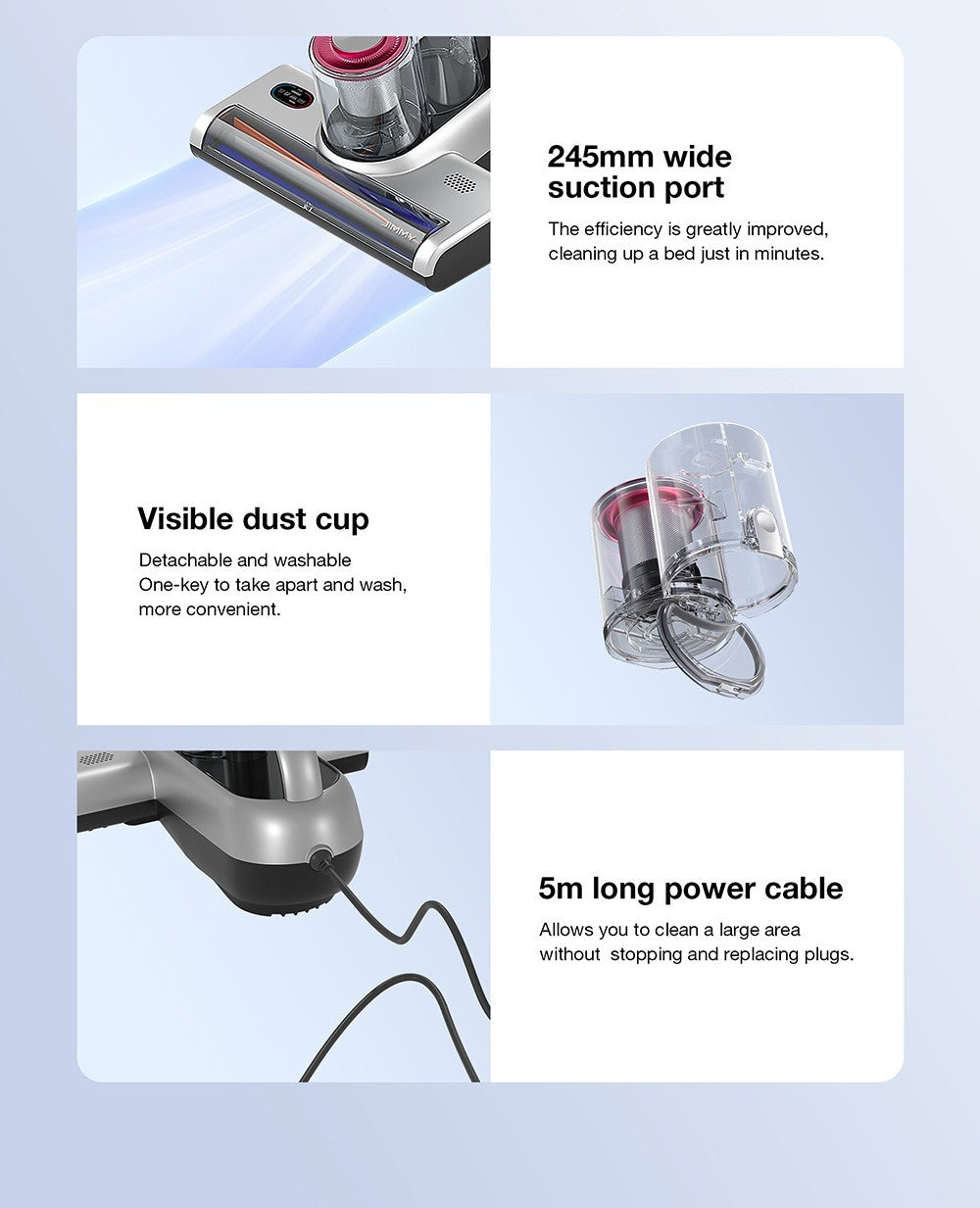 Vysavač JIMMY BX6 Pro s dvojitým kelímkem proti roztočům, sací otvor 245 mm, nádoba na prach o objemu 0,5 l, chytrý senzor prachu, funkce UV sterilizace, ultrazvuk, LED displej