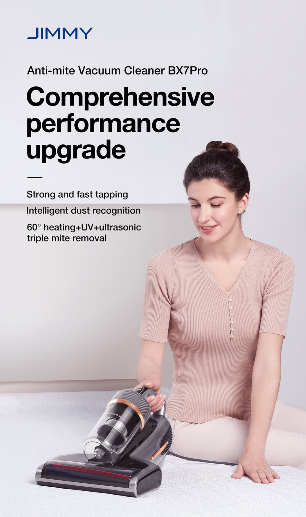 Vysavač JIMMY BX7 Pro proti roztočům, výkonný motor 700 W, UV-C sterilizace, ničí 99,99 % bakterií, konstantní vysoká teplota 60 stupňů Celsia, inteligentní rozpoznávání prachu, 3 režimy, LED displej pro postel, zvířecí chlupy, pohovku, oblečení - šedý