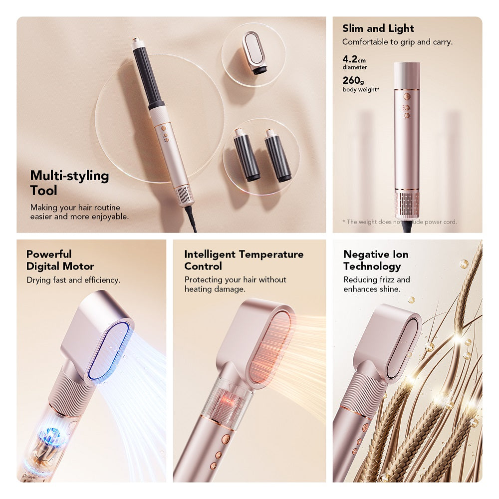 Multifunkční stylingový strojek JIMMY HF9 3 v 1 s rychlým schnutím, kulmou a načechráním, třemi nastavitelnými režimy, nízkou hlučností ≤68 dB, s 1,8m kabelem - šampaňská