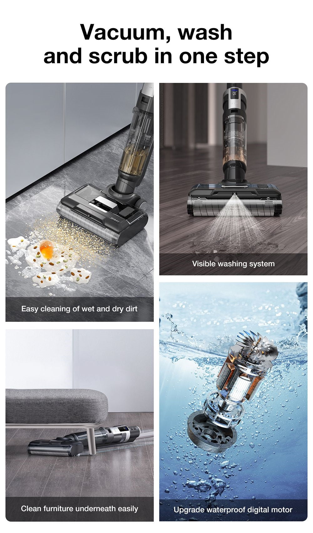 Bezdrátový mokro-suchý vysavač JIMMY HW9, samočisticí, 400ml nádržka na prach a vodu, vodotěsný bezkartáčový motor, ovládání vodní sprchy, LED displej