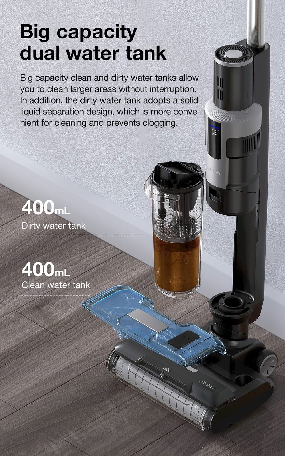 Bezdrátový mokro-suchý vysavač JIMMY HW9, samočisticí, 400ml nádržka na prach a vodu, vodotěsný bezkartáčový motor, ovládání vodní sprchy, LED displej