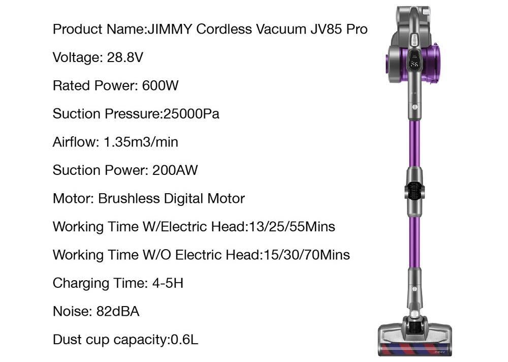 JIMMY JV85 Pro Mopping Version Flexibilní ruční bezdrátový vysavač 2 v 1 Vysávání a vytírání 200AW Výkonné sací napětí, 550W digitální bezkartáčový motor, doba provozu 70 minut, 200ml nádrž na vodu, ultra nízká hlučnost - fialová