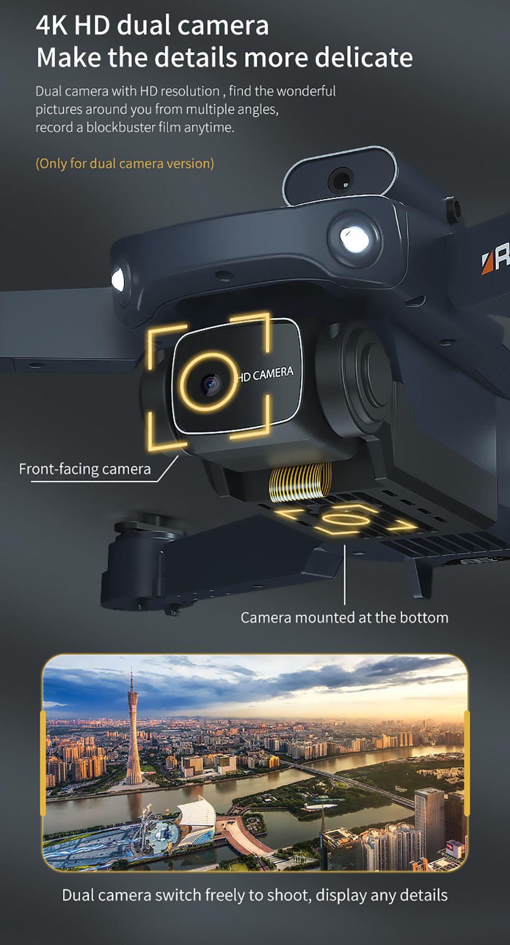 Skládací RC dron JJRC H106 s funkcí vyhýbání se překážkám ve všech směrech, kvadrokoptéra se dvěma kamerami - oranžová