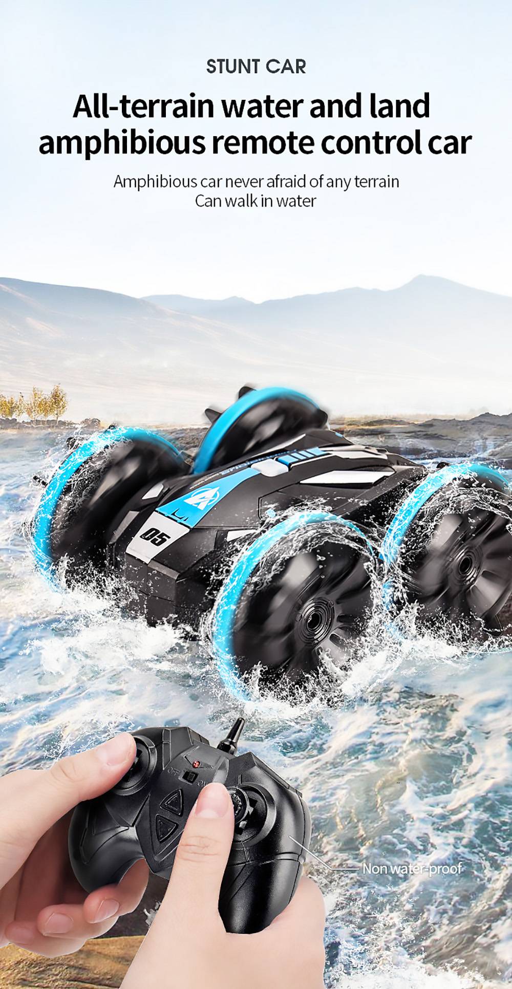 JJRC Q113 1:24 RC kaskadérské auto 4WD 360° otočné 2v1 vodotěsné vodní a pozemní driftové obojživelné modely vozidel - oranžové