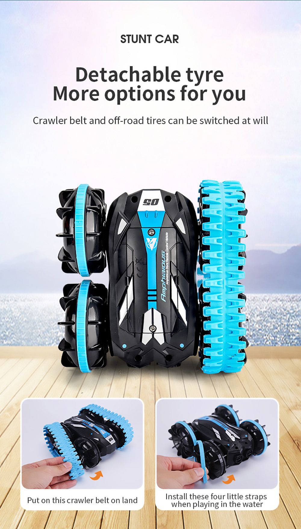 JJRC Q113 1:24 RC kaskadérské auto 4WD 360° otočné 2v1 vodotěsné vodní a pozemní driftové obojživelné modely vozidel - oranžové