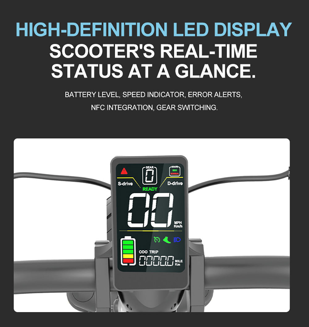 Elektrická koloběžka JOYOR C10, motor 500 W, baterie 48 V 10,4 Ah, pneumatiky 10 palců, maximální rychlost 45 km/h, dojezd 30–50 km, maximální zatížení 120 kg, přední a zadní kotoučová brzda