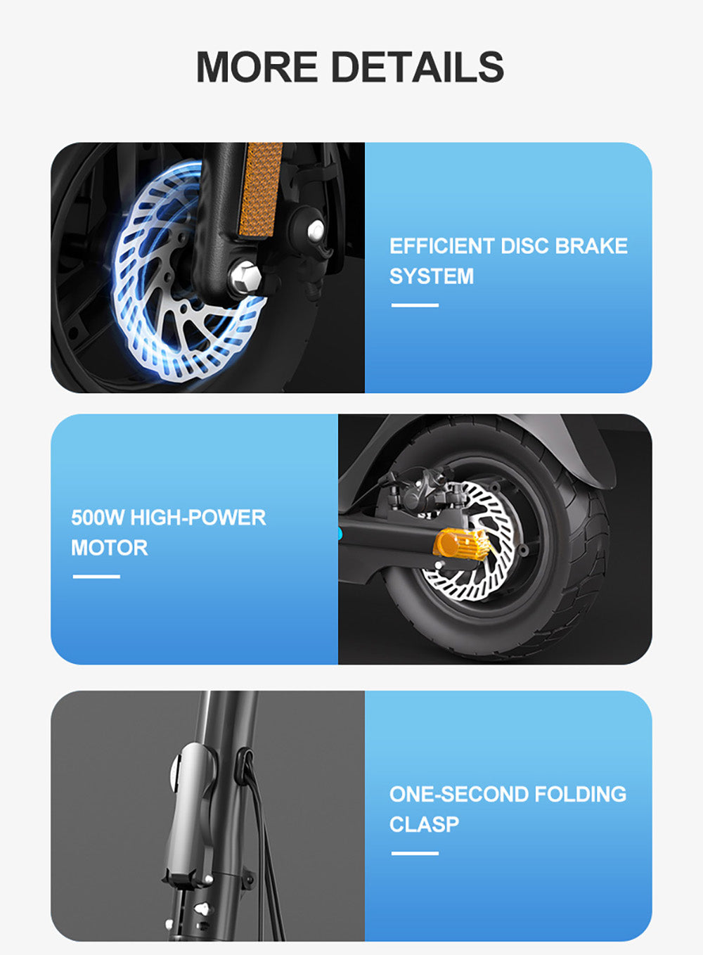 Elektrická koloběžka JOYOR C10, motor 500 W, baterie 48 V 10,4 Ah, pneumatiky 10 palců, maximální rychlost 45 km/h, dojezd 30–50 km, maximální zatížení 120 kg, přední a zadní kotoučová brzda