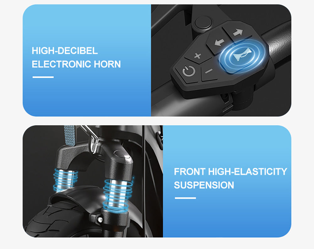 Elektrická koloběžka JOYOR C10, motor 500 W, baterie 48 V 10,4 Ah, pneumatiky 10 palců, maximální rychlost 45 km/h, dojezd 30–50 km, maximální zatížení 120 kg, přední a zadní kotoučová brzda