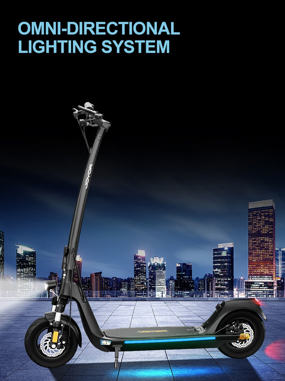 Elektrická koloběžka JOYOR C10, motor 500 W, baterie 48 V 10,4 Ah, pneumatiky 10 palců, maximální rychlost 45 km/h, dojezd 30–50 km, maximální zatížení 120 kg, přední a zadní kotoučová brzda