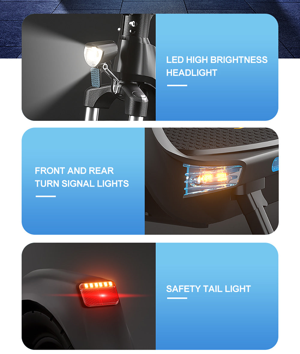 Elektrická koloběžka JOYOR C10, motor 500 W, baterie 48 V 10,4 Ah, pneumatiky 10 palců, maximální rychlost 45 km/h, dojezd 30–50 km, maximální zatížení 120 kg, přední a zadní kotoučová brzda