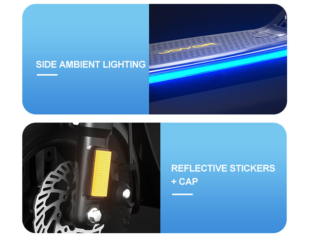 Elektrická koloběžka JOYOR C10, motor 500 W, baterie 48 V 10,4 Ah, pneumatiky 10 palců, maximální rychlost 45 km/h, dojezd 30–50 km, maximální zatížení 120 kg, přední a zadní kotoučová brzda