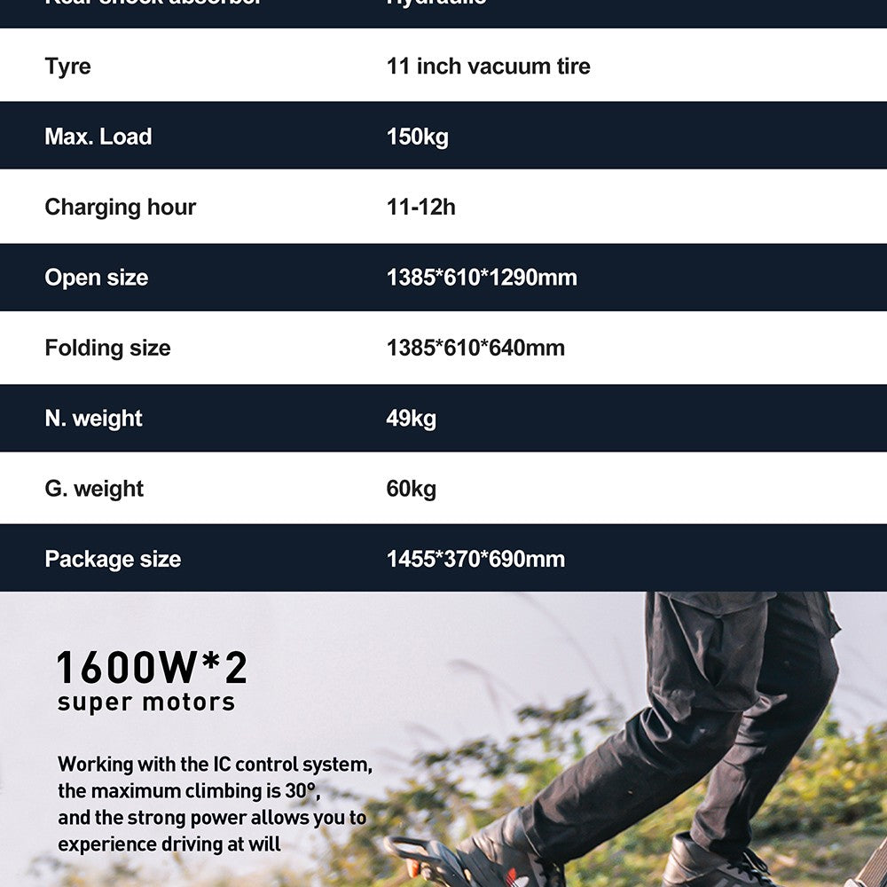 JOYOR E6-S 11palcová terénní elektrická koloběžka 1600W*2 dvojitý motor 60V 31,5Ah baterie 80km/h maximální rychlost hydraulické brzdy dojezd 100km - černá