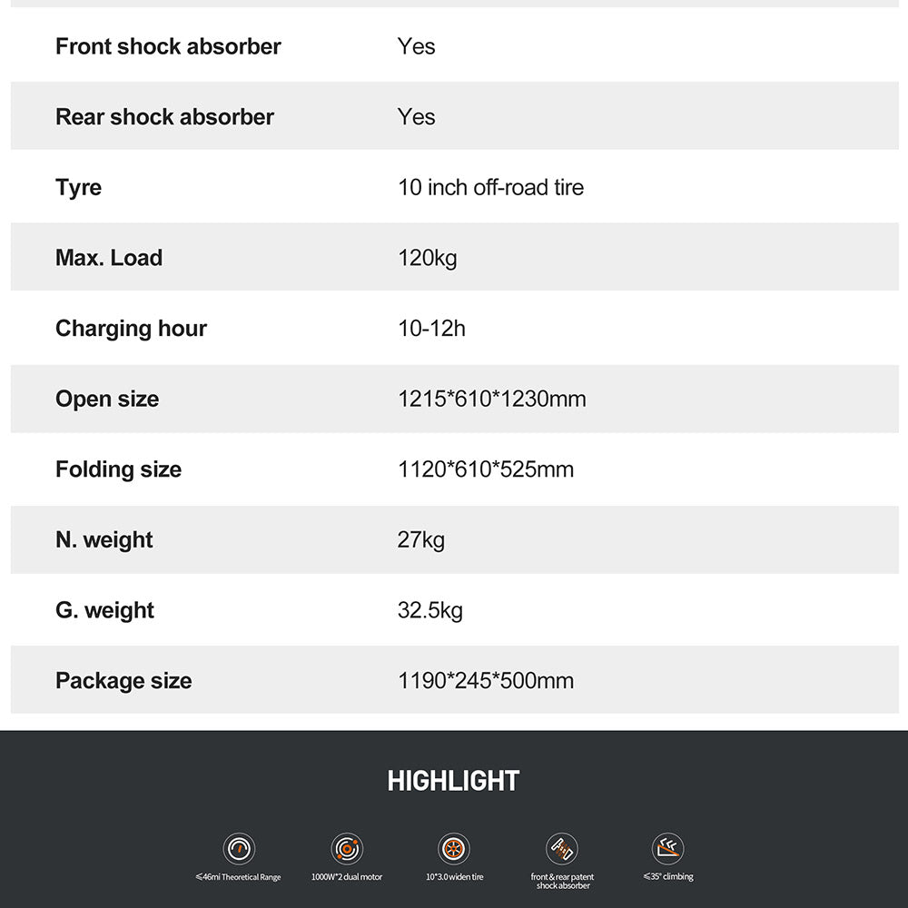 Elektrická koloběžka Joyor S10-S-Z, motor 1000 W*2, baterie 60 V 18 Ah, 10palcové terénní pneumatiky, maximální rychlost 64 km/h, dojezd 74 km, dvojité hydraulické brzdy, přední a zadní tlumič, 6 světel