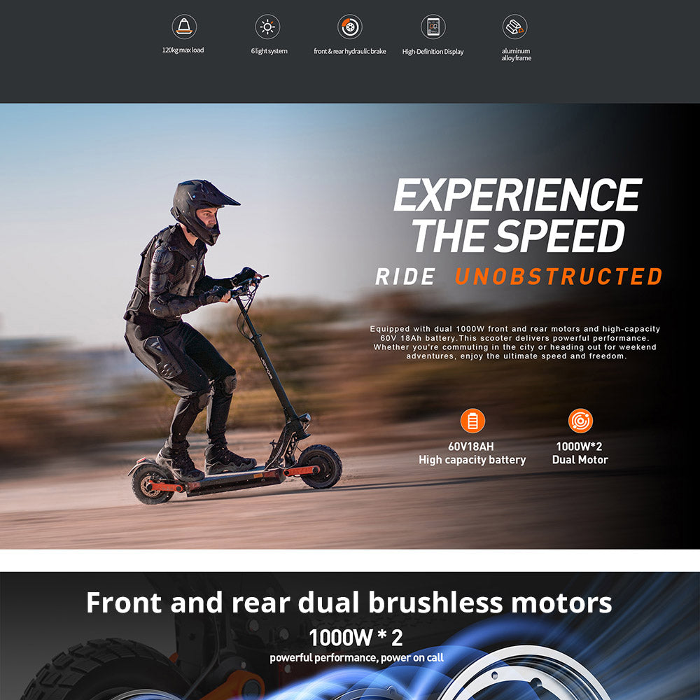 Elektrická koloběžka Joyor S10-S-Z, motor 1000 W*2, baterie 60 V 18 Ah, 10palcové terénní pneumatiky, maximální rychlost 64 km/h, dojezd 74 km, dvojité hydraulické brzdy, přední a zadní tlumič, 6 světel