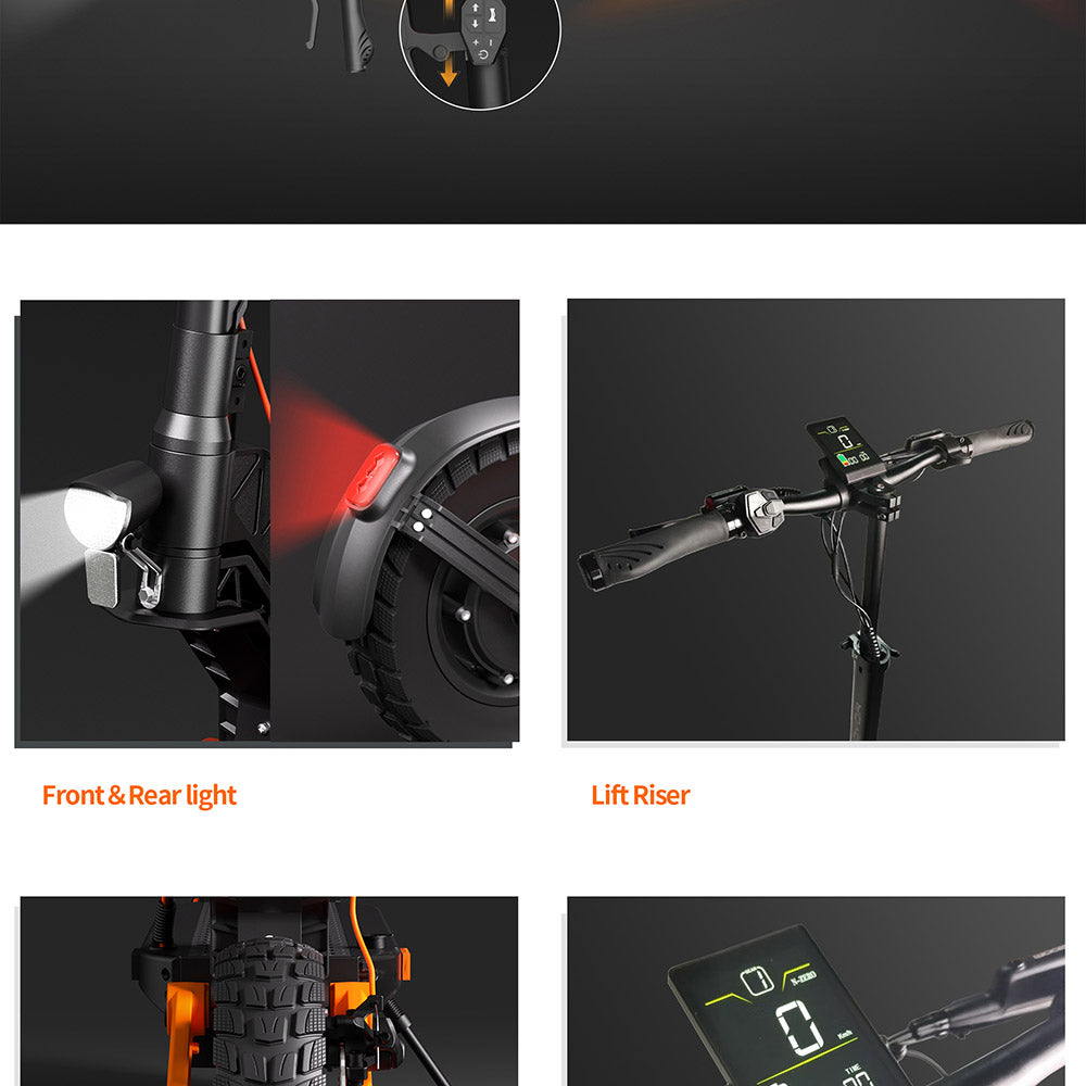 Elektrická koloběžka Joyor S10-S-Z, motor 1000 W*2, baterie 60 V 18 Ah, 10palcové terénní pneumatiky, maximální rychlost 64 km/h, dojezd 74 km, dvojité hydraulické brzdy, přední a zadní tlumič, 6 světel