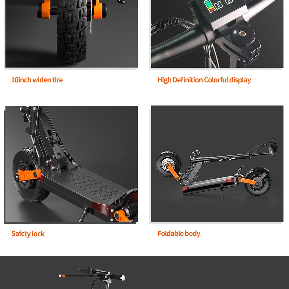 Elektrická koloběžka Joyor S10-S-Z, motor 1000 W*2, baterie 60 V 18 Ah, 10palcové terénní pneumatiky, maximální rychlost 64 km/h, dojezd 74 km, dvojité hydraulické brzdy, přední a zadní tlumič, 6 světel