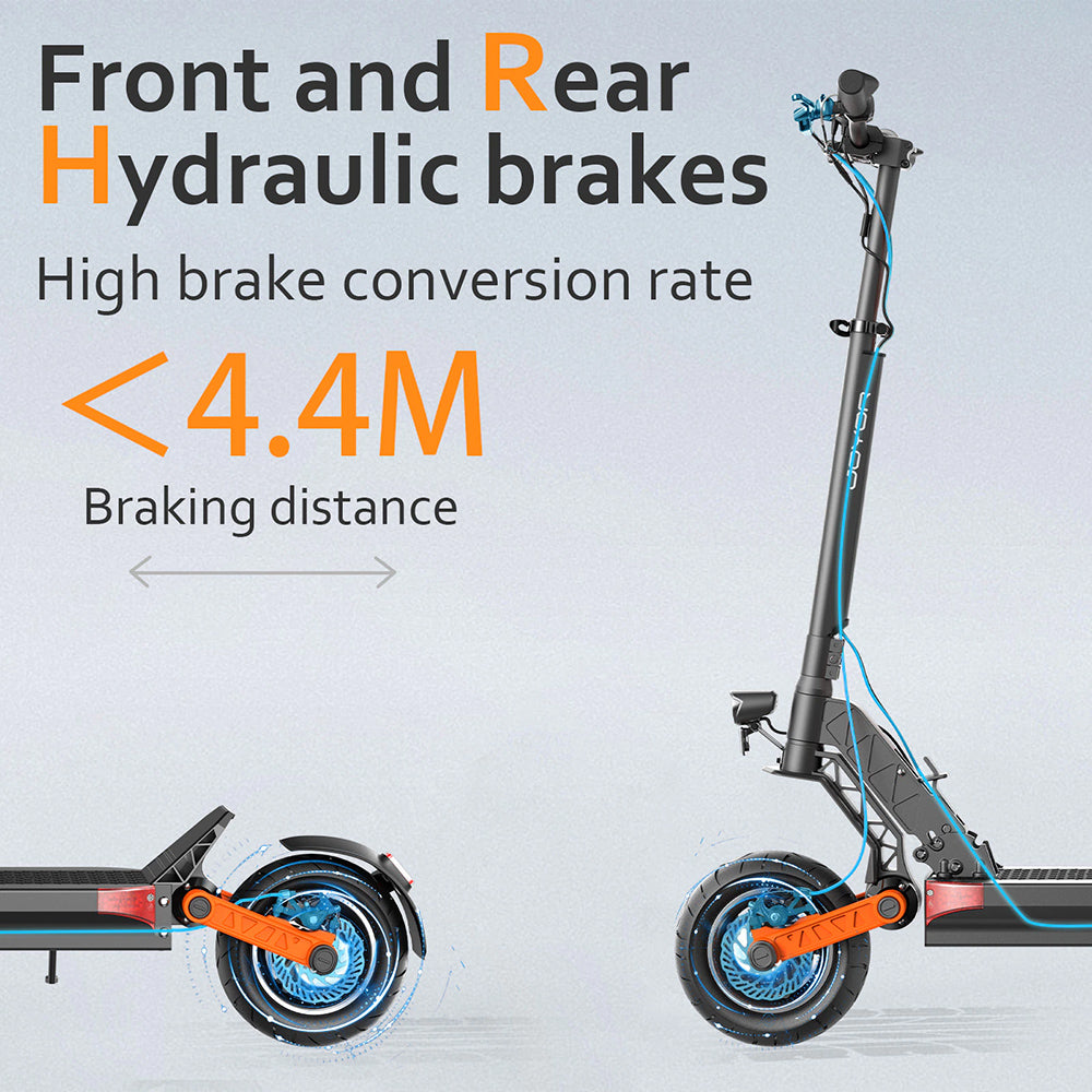 Elektrická koloběžka JOYOR S10-S 10palcové terénní pneumatiky 60V 18Ah baterie 2*1000W dvojitý motor 65km/h maximální rychlost 70-85km dojezd 120kg zatížení dvojité hydraulické kotoučové brzdy - černá