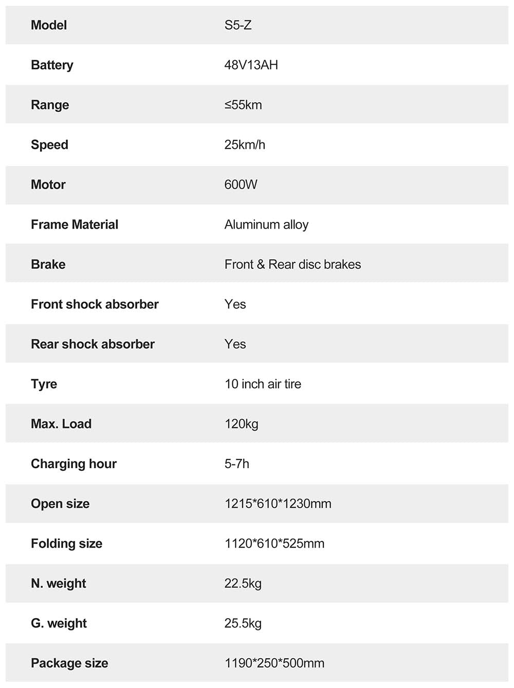 Elektrická koloběžka JOYOR S5-Z, baterie 48 V 13 Ah, motor 600 W, pneumatiky 10*3,0 palce, rychlost 25 km/h, dojezd 55 km, rám z hliníkové slitiny, 6 světel, směrová světla, dvojitá kotoučová brzda - černá