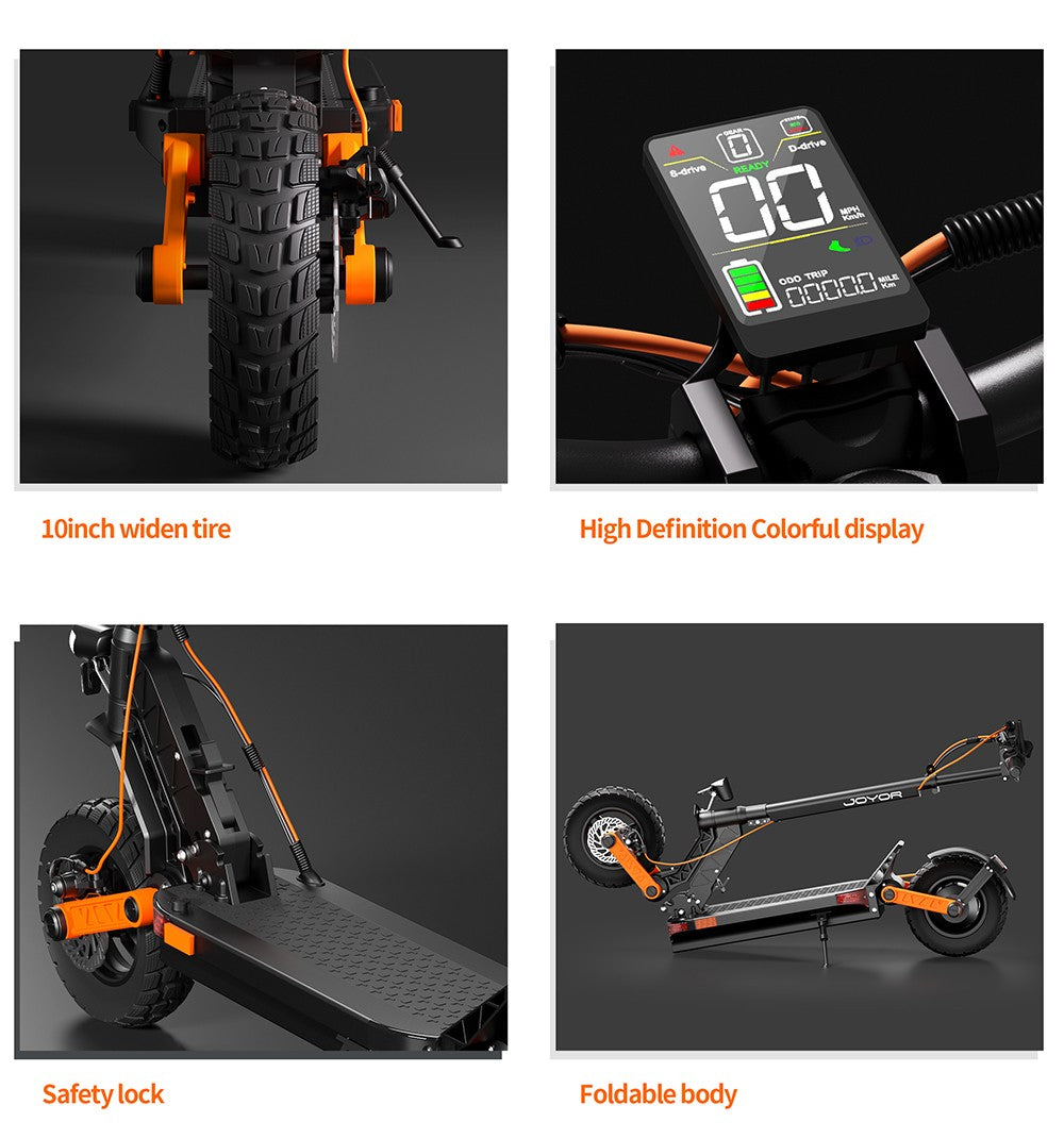 Elektrická koloběžka Joyor S8, motor 600 W, baterie 48 V 26 Ah, 10palcové pneumatiky, maximální rychlost 25 km/h, dojezd 90 km, dvojitá mechanická kotoučová brzda