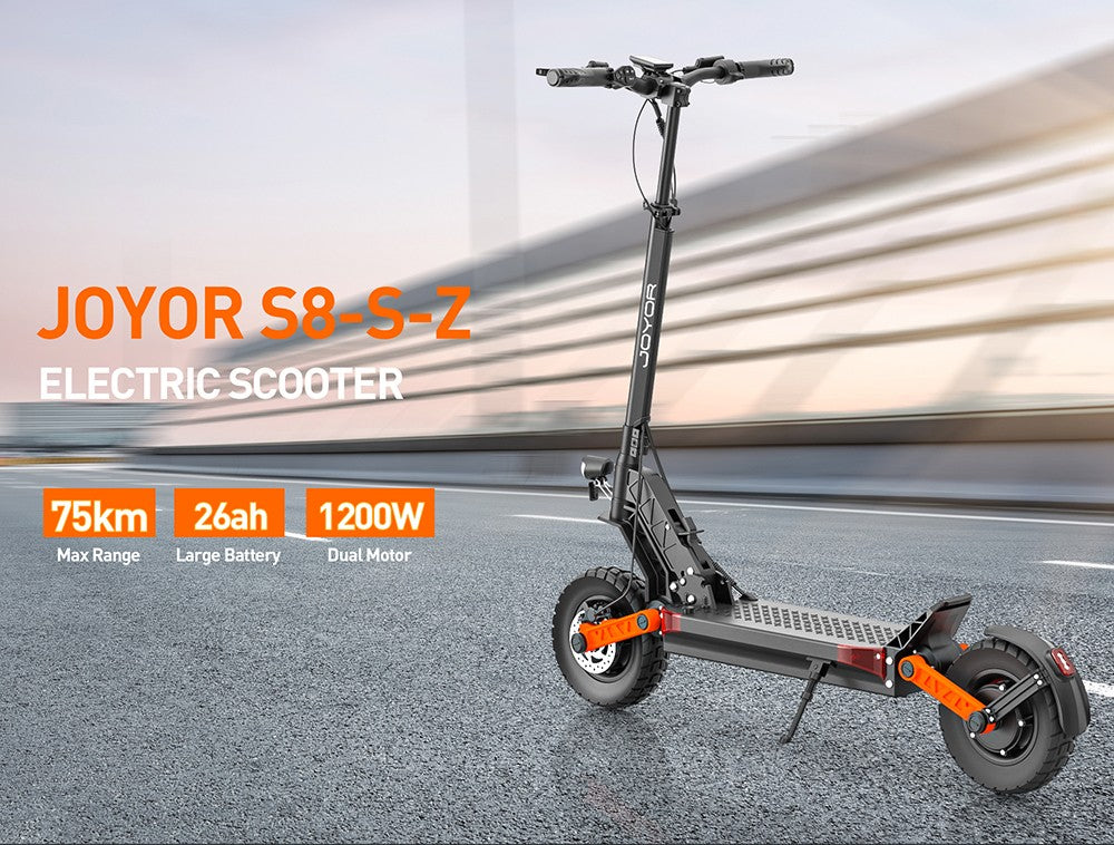 Elektrická koloběžka Joyor S8-S-Z se směrovými světly, motor 600 W*2, baterie 48 V 26 Ah, pneumatiky 10 palců, maximální rychlost 55 km/h, dojezd 75 km, dvojité hydraulické brzdy, přední a zadní tlumič, 6 světel