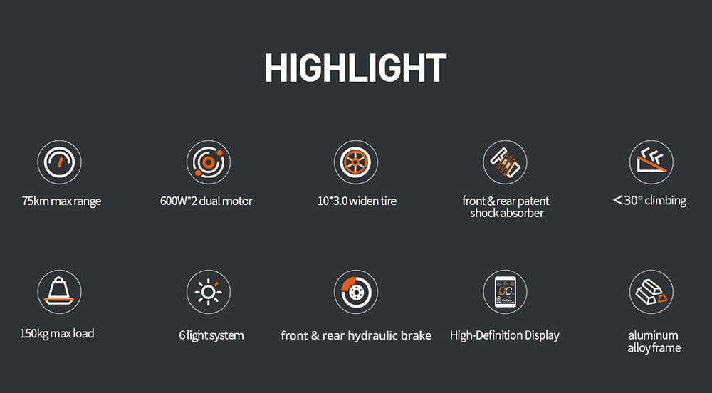 Elektrická koloběžka Joyor S8-S-Z se směrovými světly, motor 600 W*2, baterie 48 V 26 Ah, pneumatiky 10 palců, maximální rychlost 55 km/h, dojezd 75 km, dvojité hydraulické brzdy, přední a zadní tlumič, 6 světel