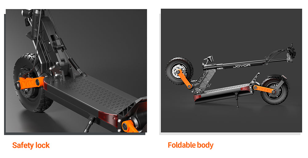 Elektrická koloběžka Joyor S8-S-Z se směrovými světly, motor 600 W*2, baterie 48 V 26 Ah, pneumatiky 10 palců, maximální rychlost 55 km/h, dojezd 75 km, dvojité hydraulické brzdy, přední a zadní tlumič, 6 světel