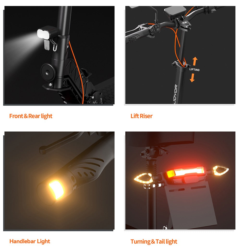 Elektrická koloběžka JOYOR S8E, motor 800 W, baterie 48 V 26 Ah, 10palcové pneumatiky, maximální rychlost 45 km/h, dojezd 80 km, přední a zadní kotoučová brzda, přední a zadní tlumič pérování