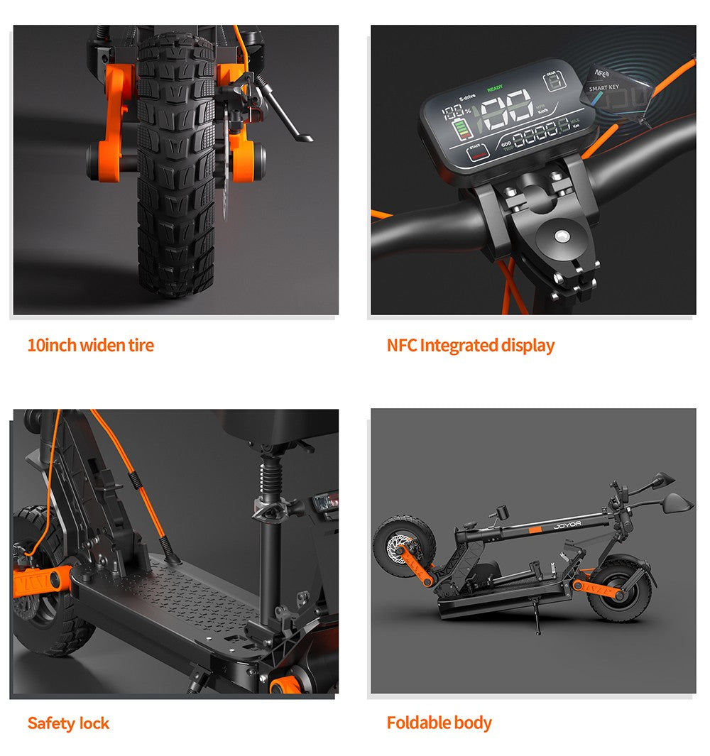 Elektrická koloběžka JOYOR S8E, motor 800 W, baterie 48 V 26 Ah, 10palcové pneumatiky, maximální rychlost 45 km/h, dojezd 80 km, přední a zadní kotoučová brzda, přední a zadní tlumič pérování