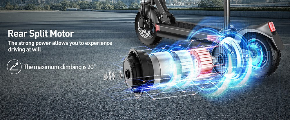 Elektrická koloběžka Joyor Y6-S se sedadlem, motor 500 W, baterie 48 V 18 Ah, pneumatiky 10 palců, maximální rychlost 25 km/h, dojezd 60 km, přední a zadní kotoučové brzdy, tlumič nárazů vpředu a hydraulický tlumič nárazů vzadu.