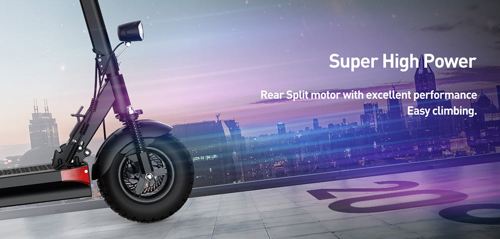 Elektrická koloběžka Joyor Y6-S se sedadlem, motor 500 W, baterie 48 V 18 Ah, pneumatiky 10 palců, maximální rychlost 25 km/h, dojezd 60 km, přední a zadní kotoučové brzdy, tlumič nárazů vpředu a hydraulický tlumič nárazů vzadu.