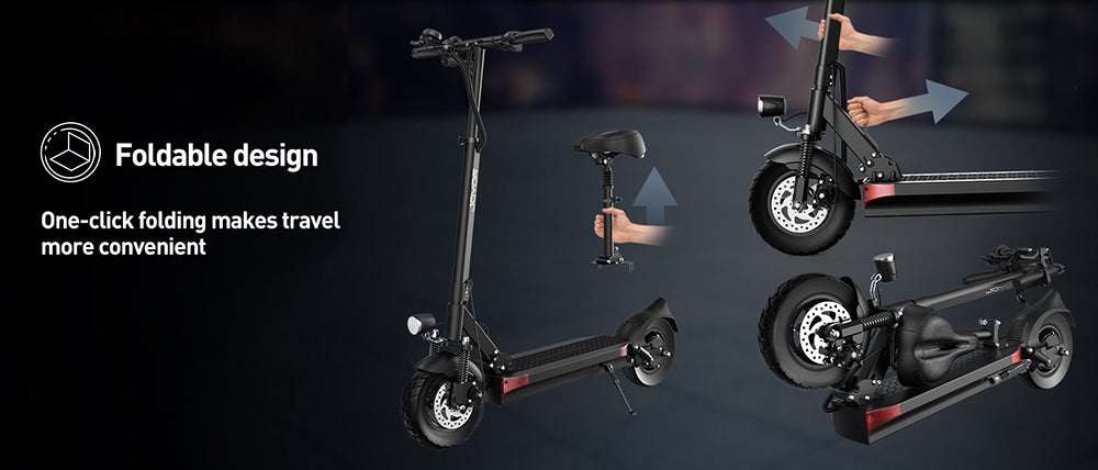 Elektrická koloběžka Joyor Y6-S se sedadlem, motor 500 W, baterie 48 V 18 Ah, pneumatiky 10 palců, maximální rychlost 25 km/h, dojezd 60 km, přední a zadní kotoučové brzdy, tlumič nárazů vpředu a hydraulický tlumič nárazů vzadu.