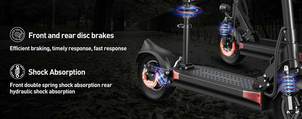 Elektrická koloběžka Joyor Y6-S se sedadlem, motor 500 W, baterie 48 V 18 Ah, pneumatiky 10 palců, maximální rychlost 25 km/h, dojezd 60 km, přední a zadní kotoučové brzdy, tlumič nárazů vpředu a hydraulický tlumič nárazů vzadu.