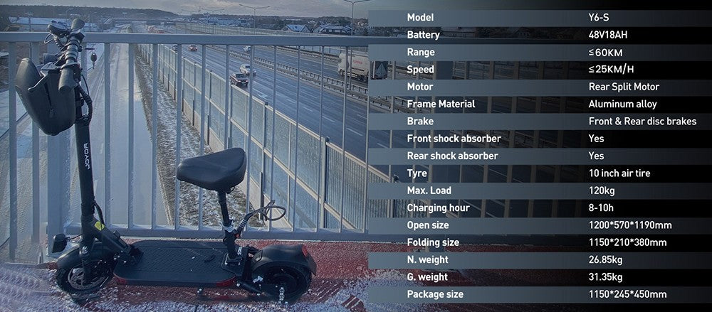 Elektrická koloběžka Joyor Y6-S se sedadlem, motor 500 W, baterie 48 V 18 Ah, pneumatiky 10 palců, maximální rychlost 25 km/h, dojezd 60 km, přední a zadní kotoučové brzdy, tlumič nárazů vpředu a hydraulický tlumič nárazů vzadu.