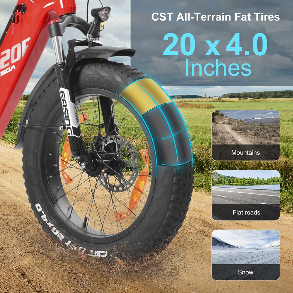 Elektrokolo KAISDA K20F, motor 25OW, baterie 36V 25Ah, pneumatiky 20*4,0 palce, maximální rychlost 25 km/h, dojezd 80–120 km, řazení SHIMAN0 7 rychlostí – červené