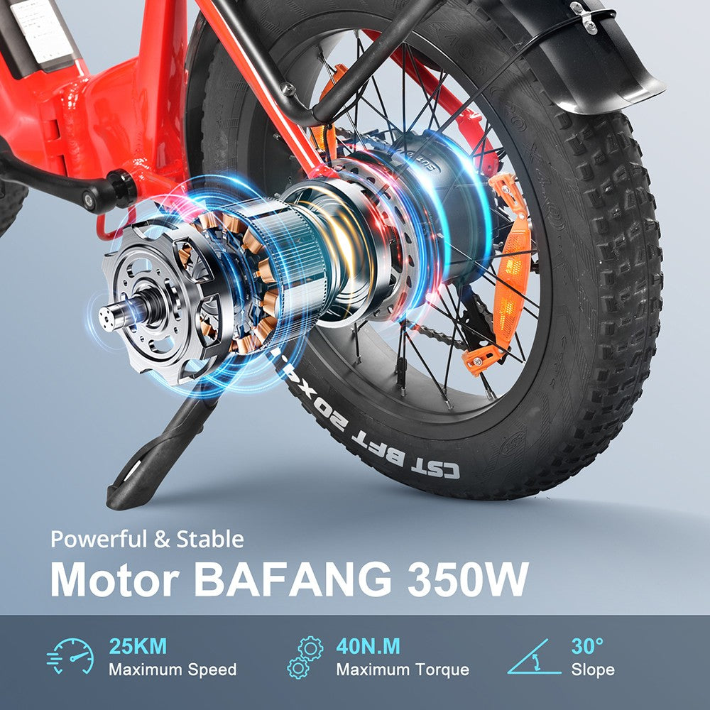 Elektrokolo KAISDA K20F, motor 25OW, baterie 36V 25Ah, pneumatiky 20*4,0 palce, maximální rychlost 25 km/h, dojezd 80–120 km, řazení SHIMAN0 7 rychlostí – červené