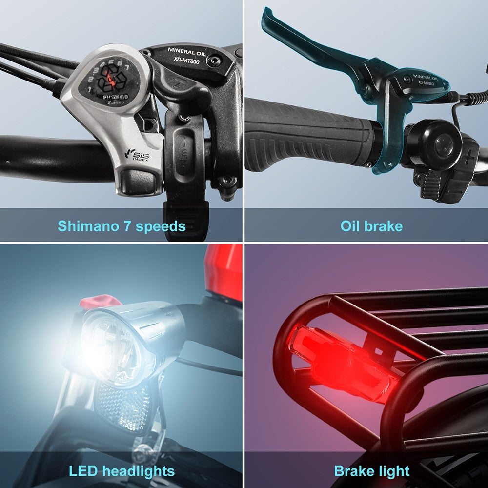 Elektrokolo KAISDA K20F, motor 25OW, baterie 36V 25Ah, pneumatiky 20*4,0 palce, maximální rychlost 25 km/h, dojezd 80–120 km, řazení SHIMAN0 7 rychlostí – červené