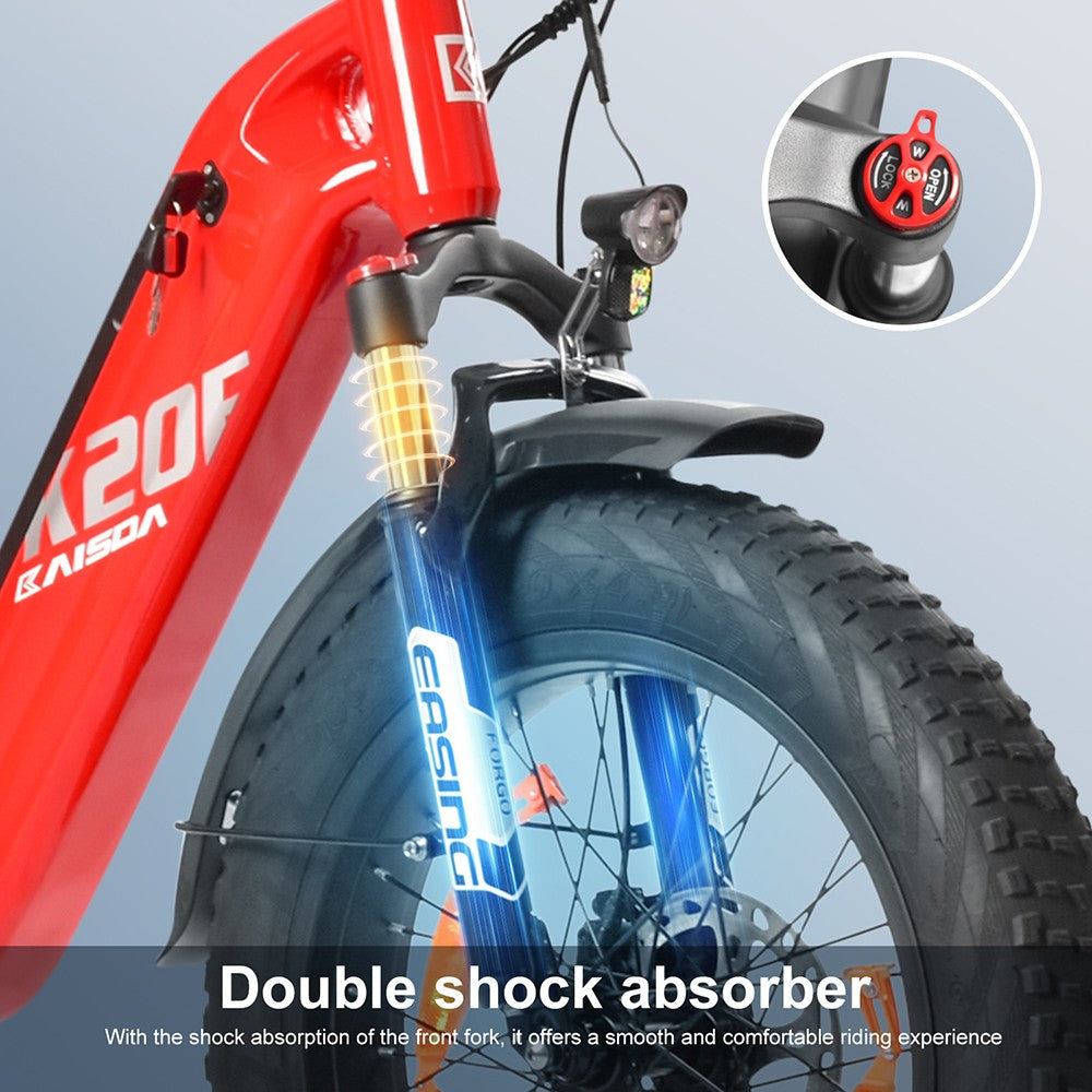 Elektrokolo KAISDA K20F, motor 25OW, baterie 36V 25Ah, pneumatiky 20*4,0 palce, maximální rychlost 25 km/h, dojezd 80–120 km, řazení SHIMAN0 7 rychlostí – červené