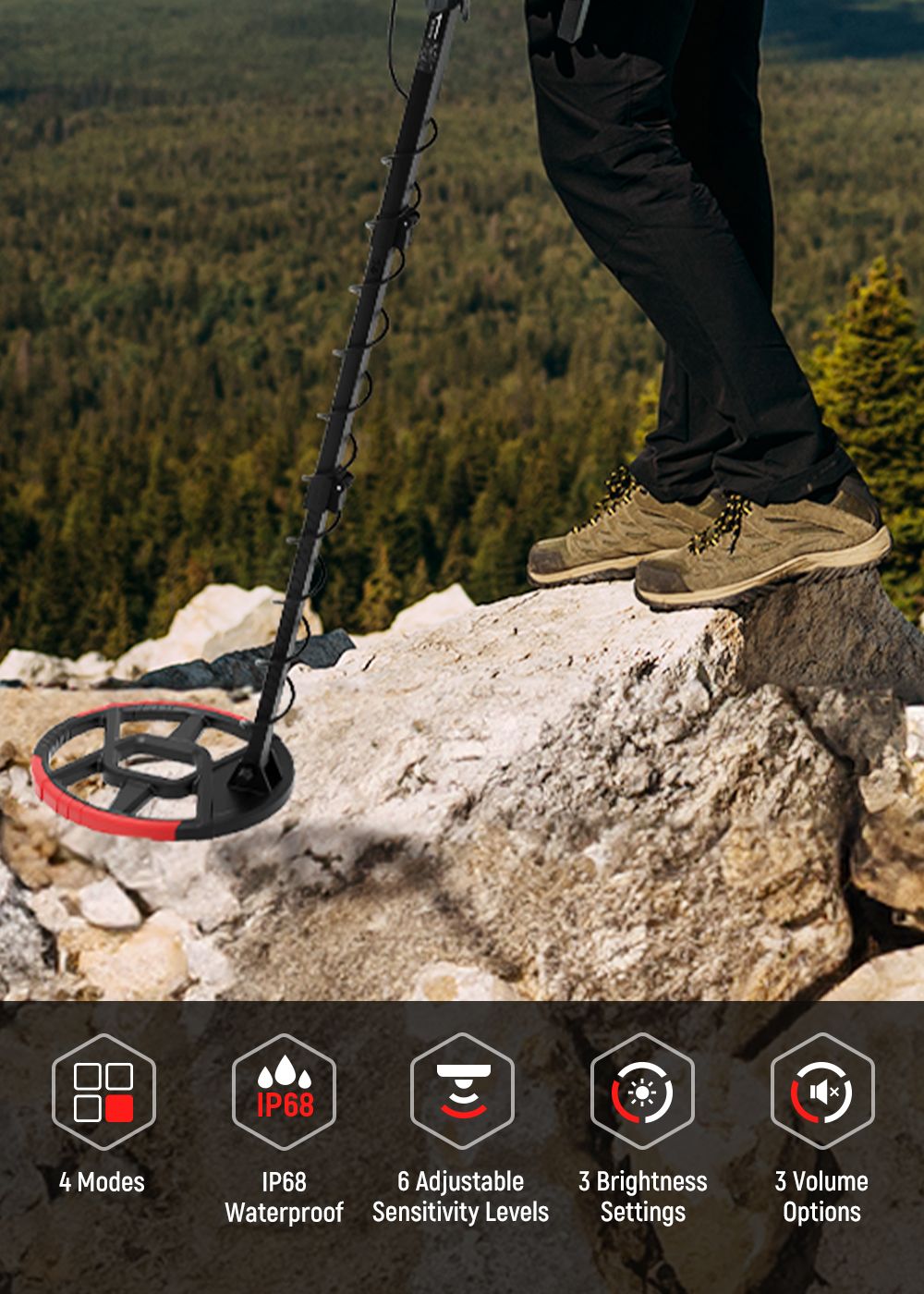 Detektor kovů KAIWEETS EXPLORER X II, 4 režimy detekce, LCD displej, nastavitelná dlouhá stopka, vodotěsná cívka IP68