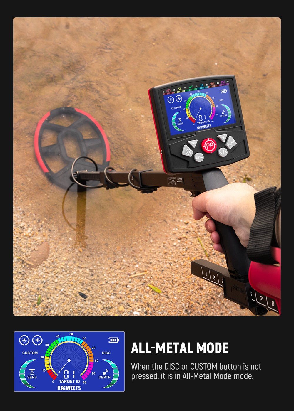 Detektor kovů KAIWEETS EXPLORER X II, 4 režimy detekce, LCD displej, nastavitelná dlouhá stopka, vodotěsná cívka IP68