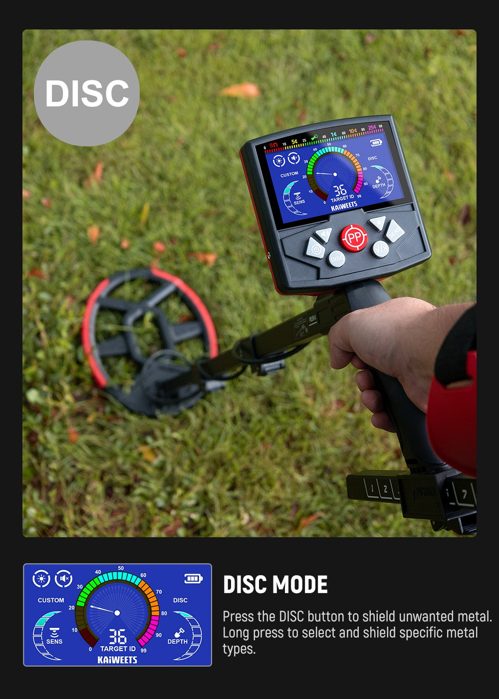 Detektor kovů KAIWEETS EXPLORER X II, 4 režimy detekce, LCD displej, nastavitelná dlouhá stopka, vodotěsná cívka IP68