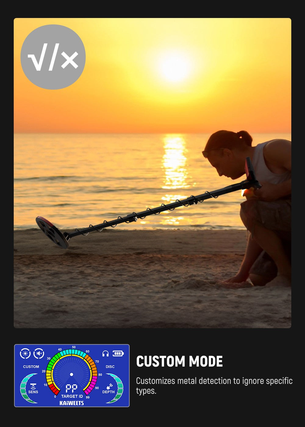 Detektor kovů KAIWEETS EXPLORER X II, 4 režimy detekce, LCD displej, nastavitelná dlouhá stopka, vodotěsná cívka IP68