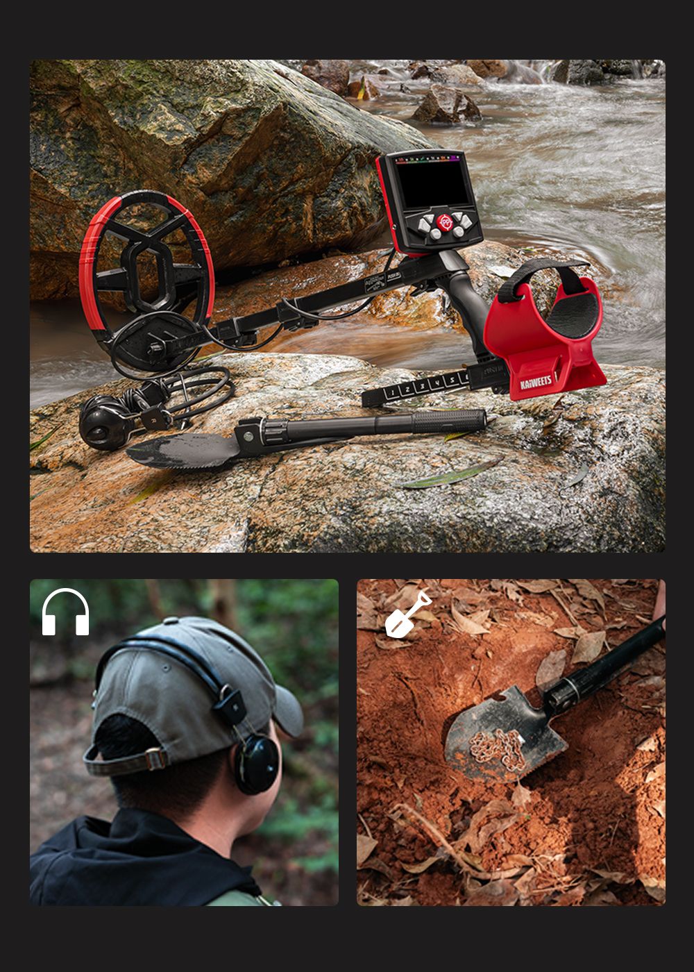 Detektor kovů KAIWEETS EXPLORER X II, 4 režimy detekce, LCD displej, nastavitelná dlouhá stopka, vodotěsná cívka IP68