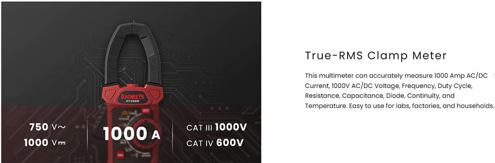 KAIWEETS HT208D Klešťový měřič INRUSH, proud 1000 A AC/DC, napětí 1000 V AC/DC, senzor NCV, tester elektrických zásuvek GFCI, testování nulového a fázového vodiče